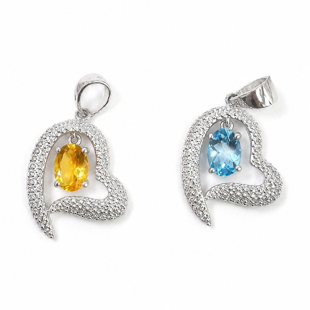 Gemstone Heart Pendants in Sterling Silver- Citrine, Blue Topaz